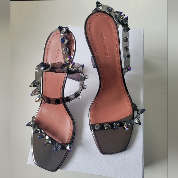 Amina Muaddi Julia Glass Crystal-Spike Clear Sandals Size 9B Dark Grey - Picture 5 of 13